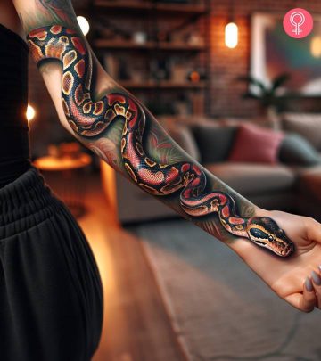 A serpent tattoo on the forearm with flowers