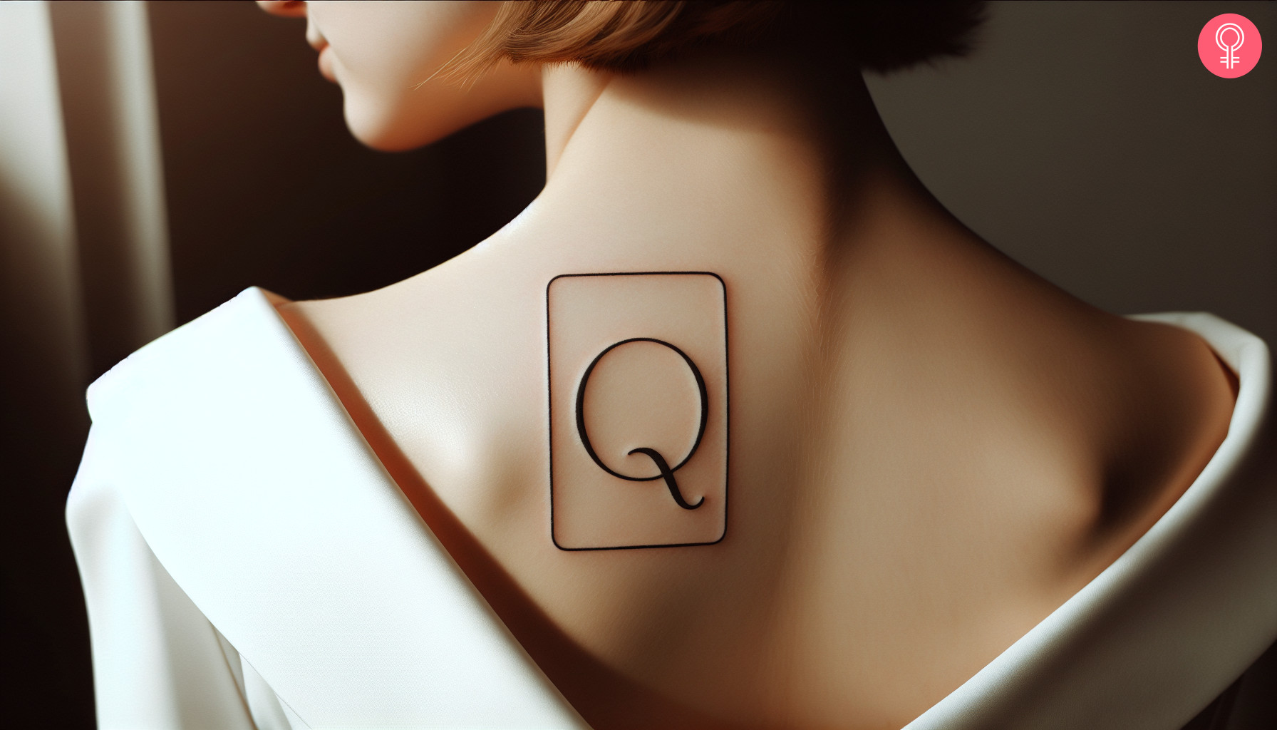 Woman with Q card tattoo on her upper back