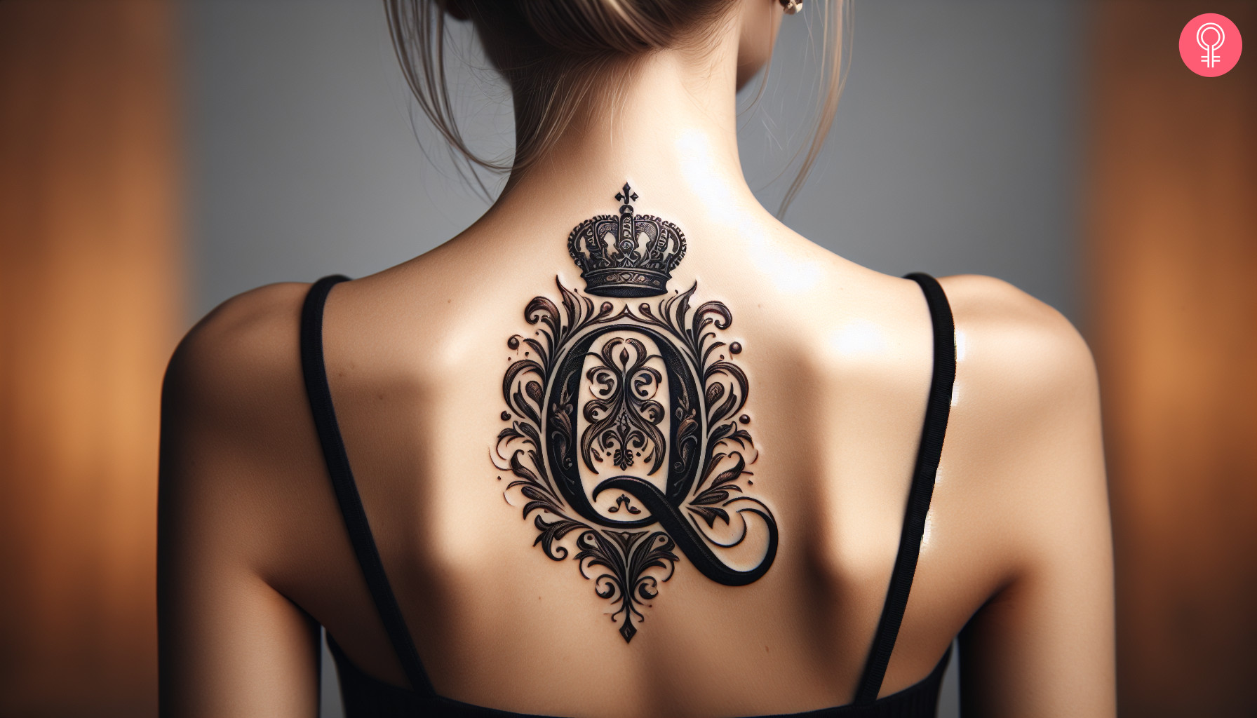 Woman with Q tattoo with crown on her upper back