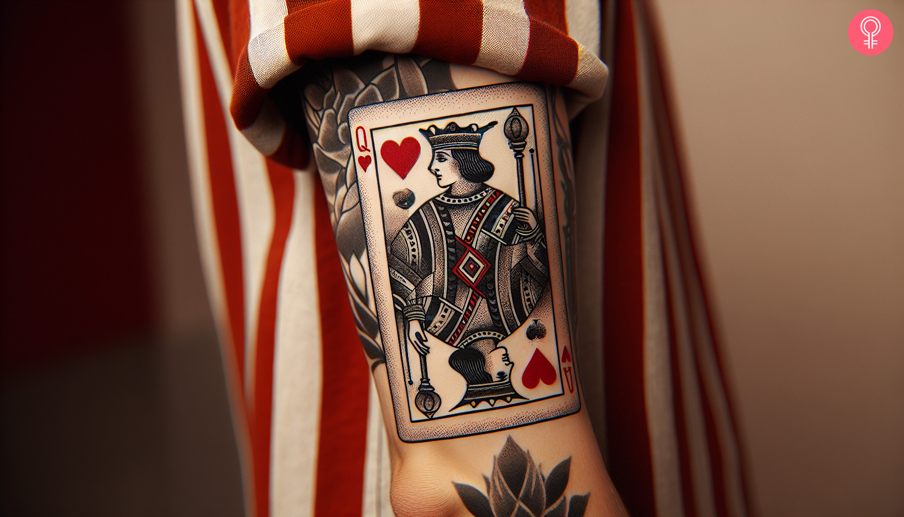 Woman with Queen of Hearts card tattoo on her arm