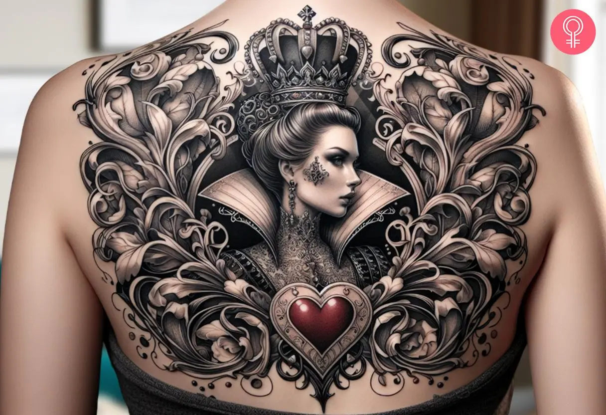 Woman with Queen of Hearts Alice in Wonderland tattoo on her upper back