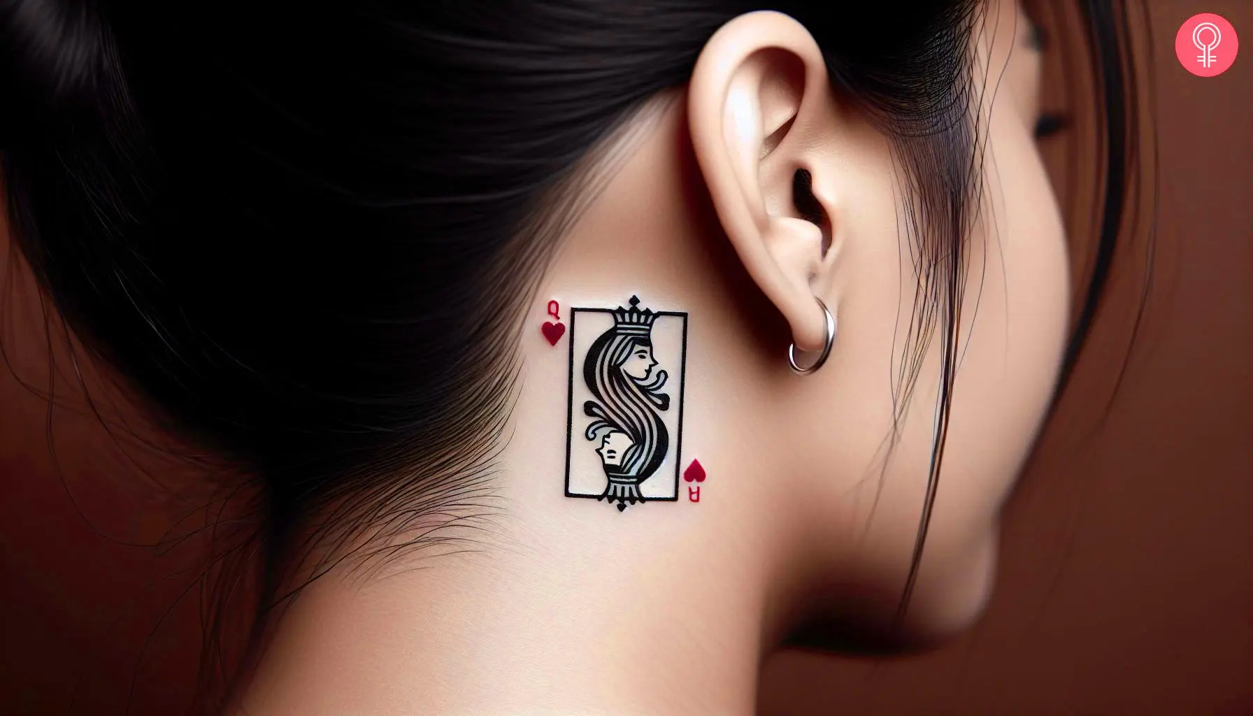 Woman with Queen of Hearts tattoo behind the ear