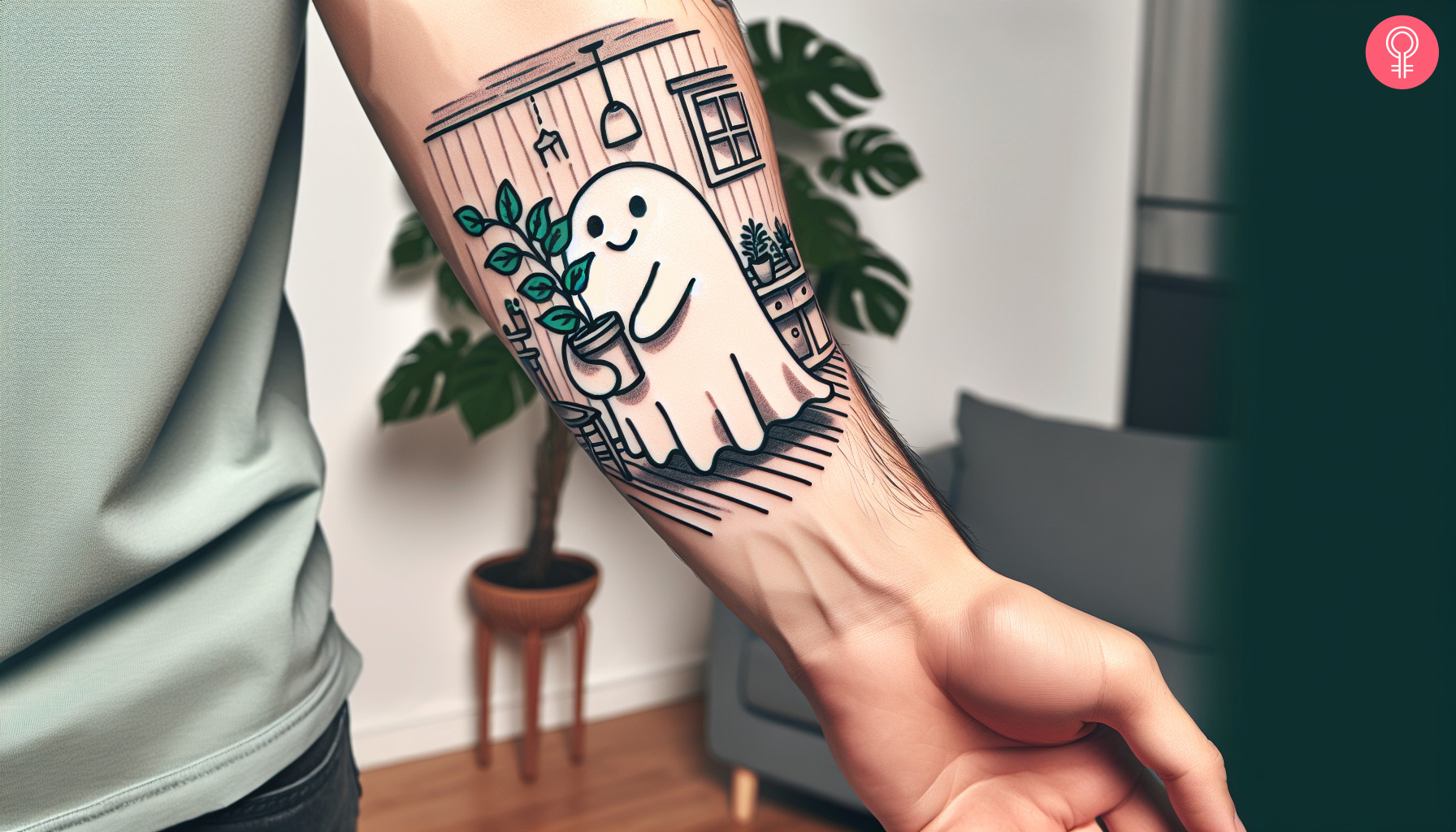 Quirky Ghost holding a houseplant tattoo on the forearm