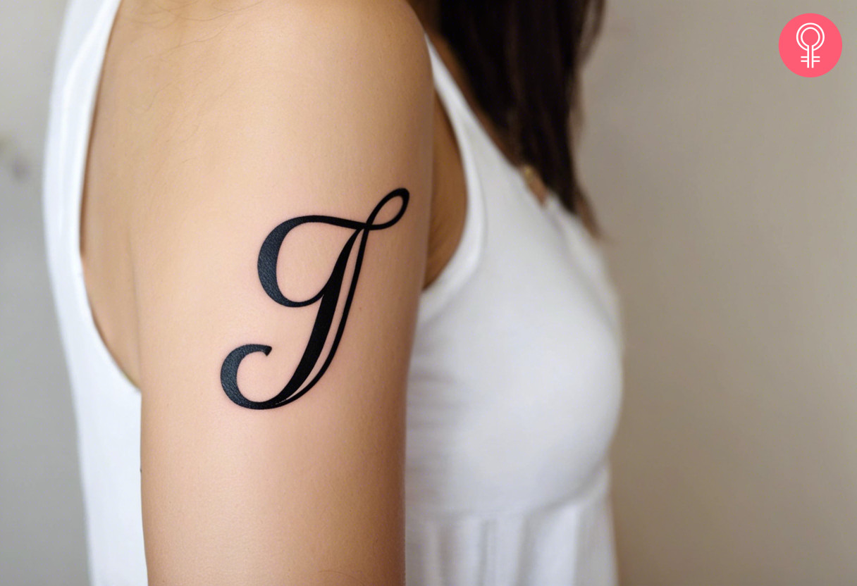 Quirky and cursive J tattoo on the upper arm of a woman