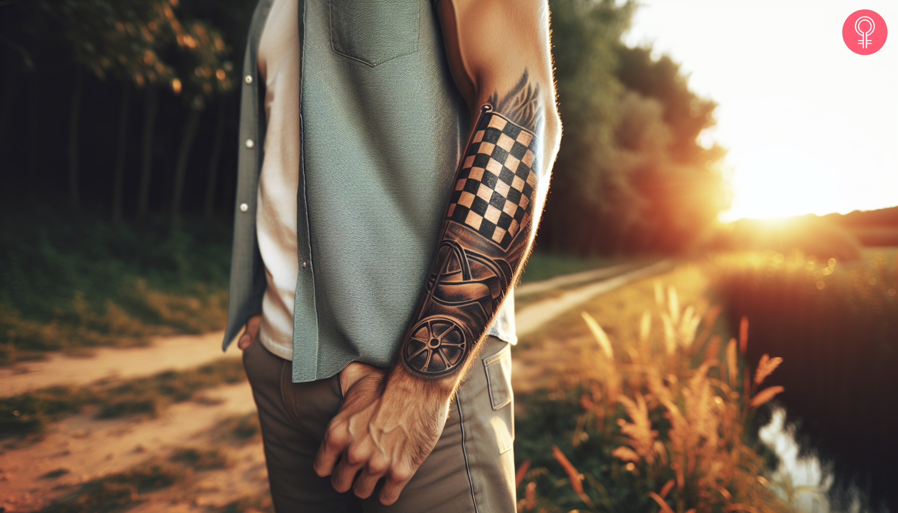 Racing checkered flag tattoo on a man’s forearm