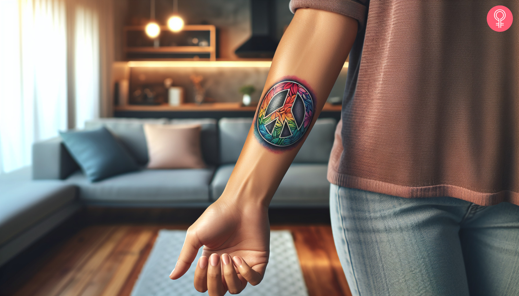 Rainbow peace sign tattoo on the forearm of a woman