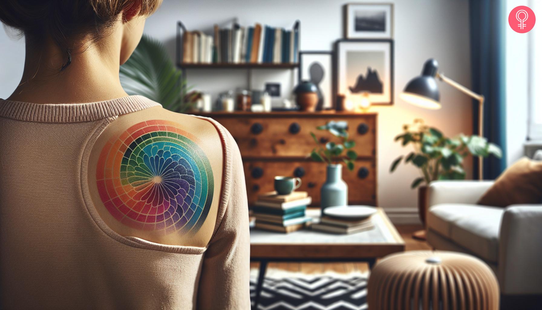 Rainbow gradient tattoo on the back shoulder