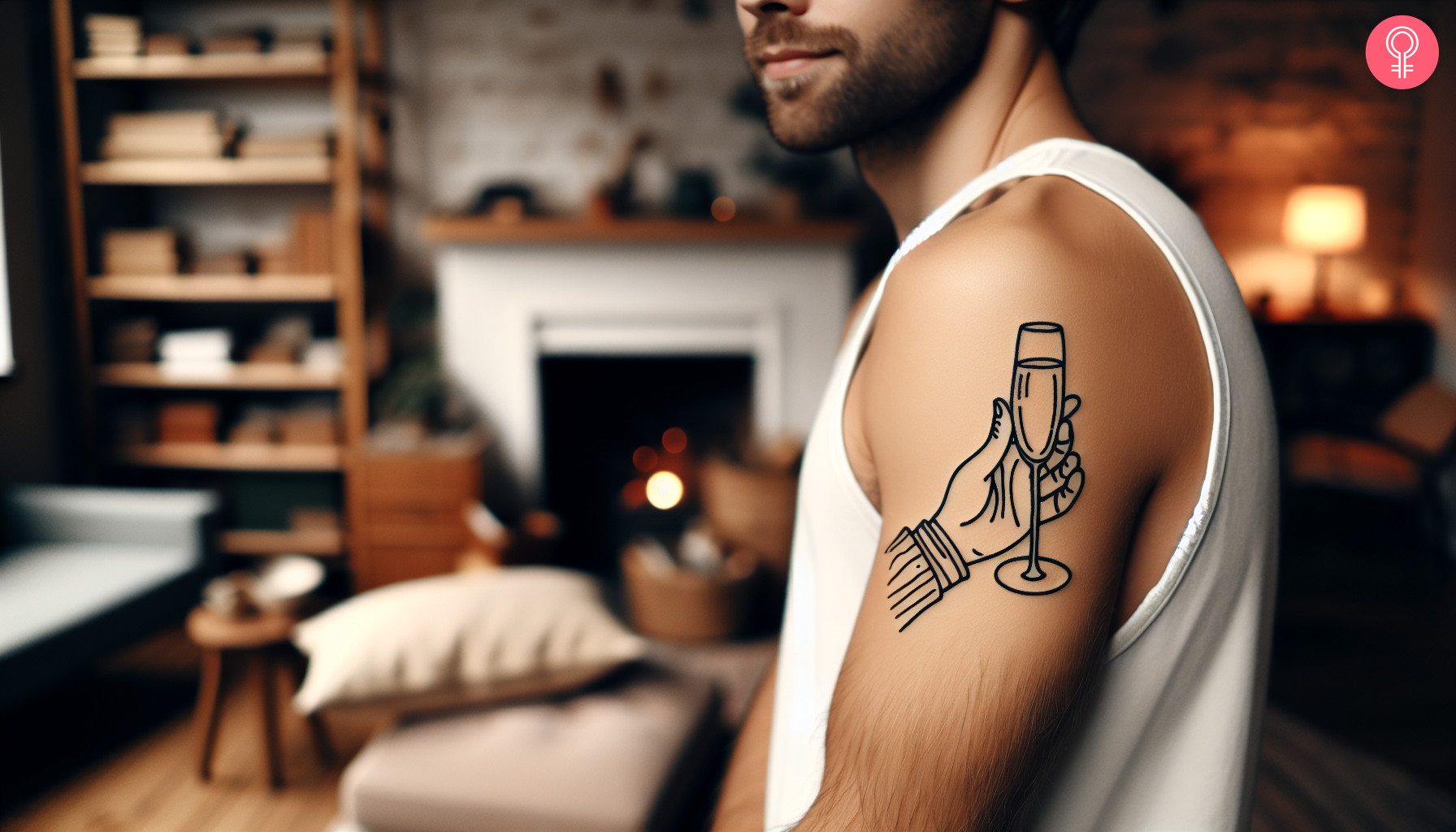 A champagne flute tattoo on the upper arm of a man