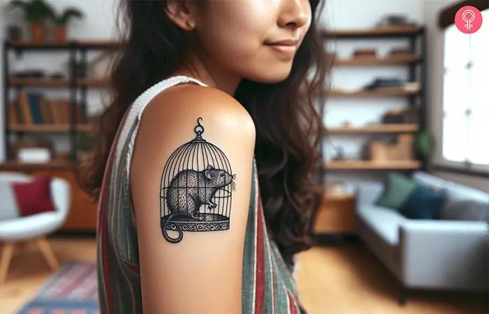 A woman with a rat in a cage tattoo on the upper arm