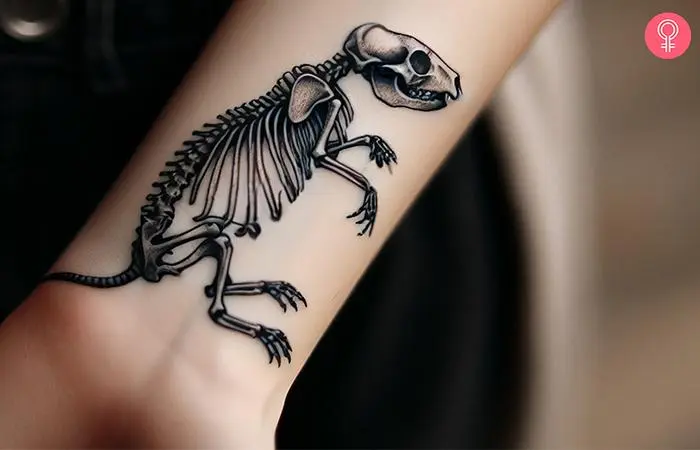 A woman with a rat skeleton tattoo on her wrist