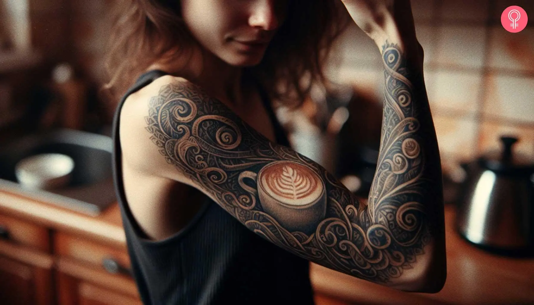 A woman flaunting a realistic coffee tattoo on her upper arm