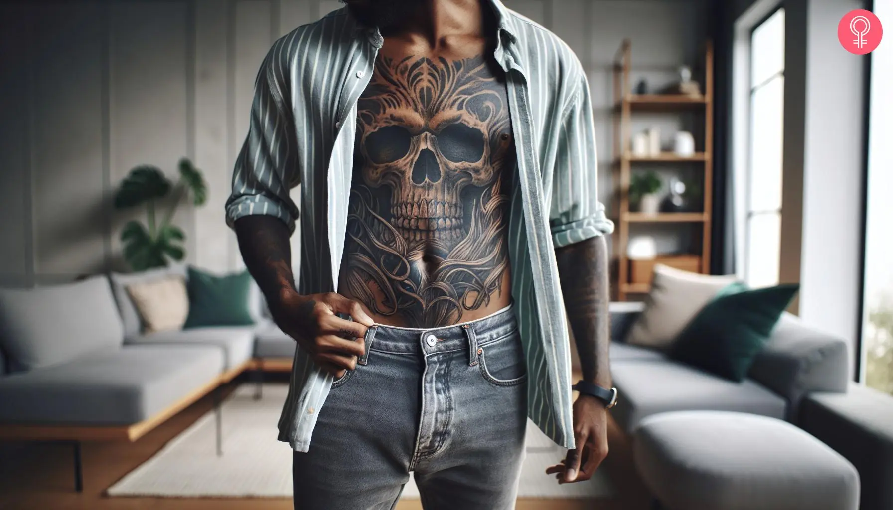 A realistic skull tattoo on the torso of a man