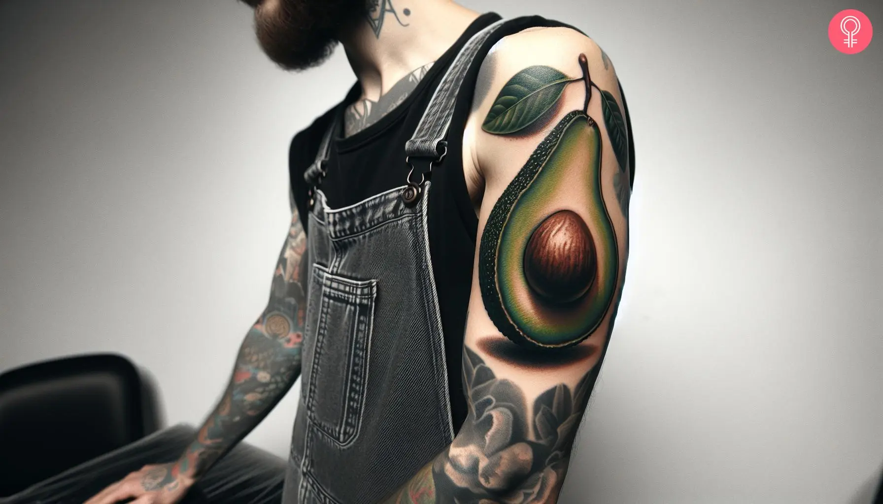 Realistic avocado tattoo on the upper arm of a man