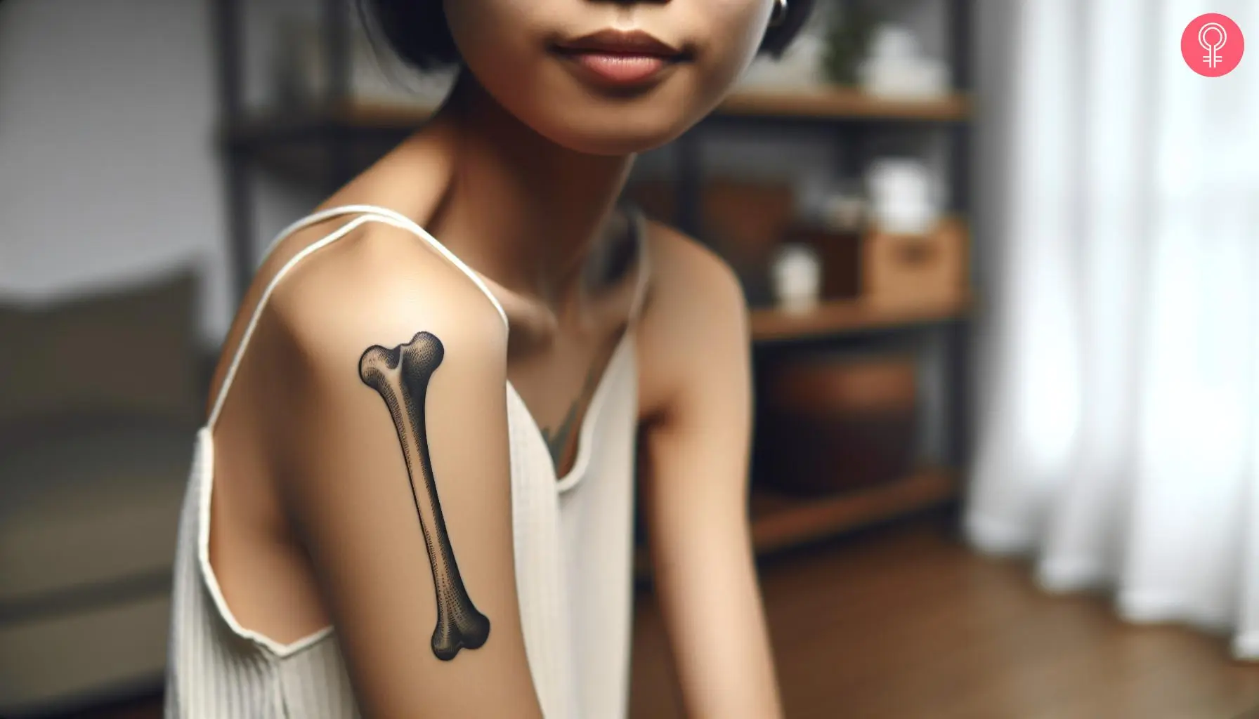 Woman with a black realistic bone tattoo on the upper arm