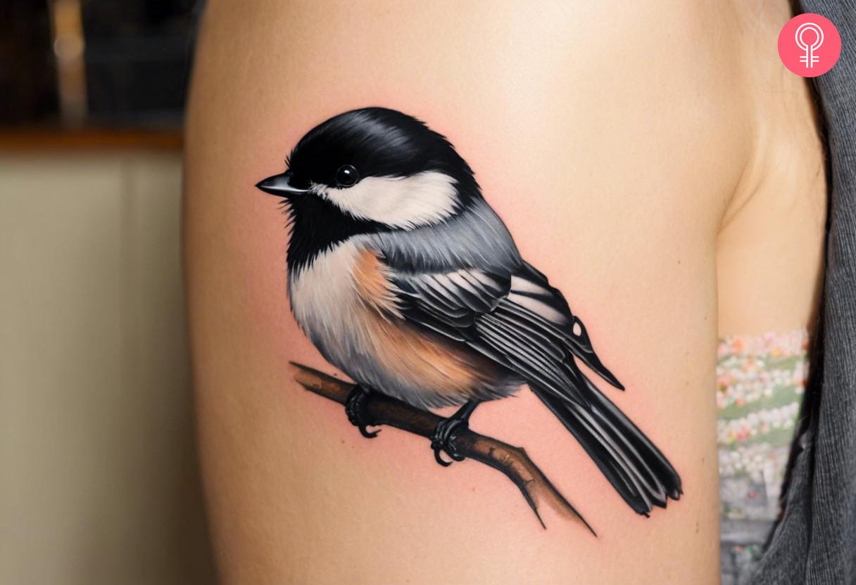 Realistic tit tattoo on upper arm