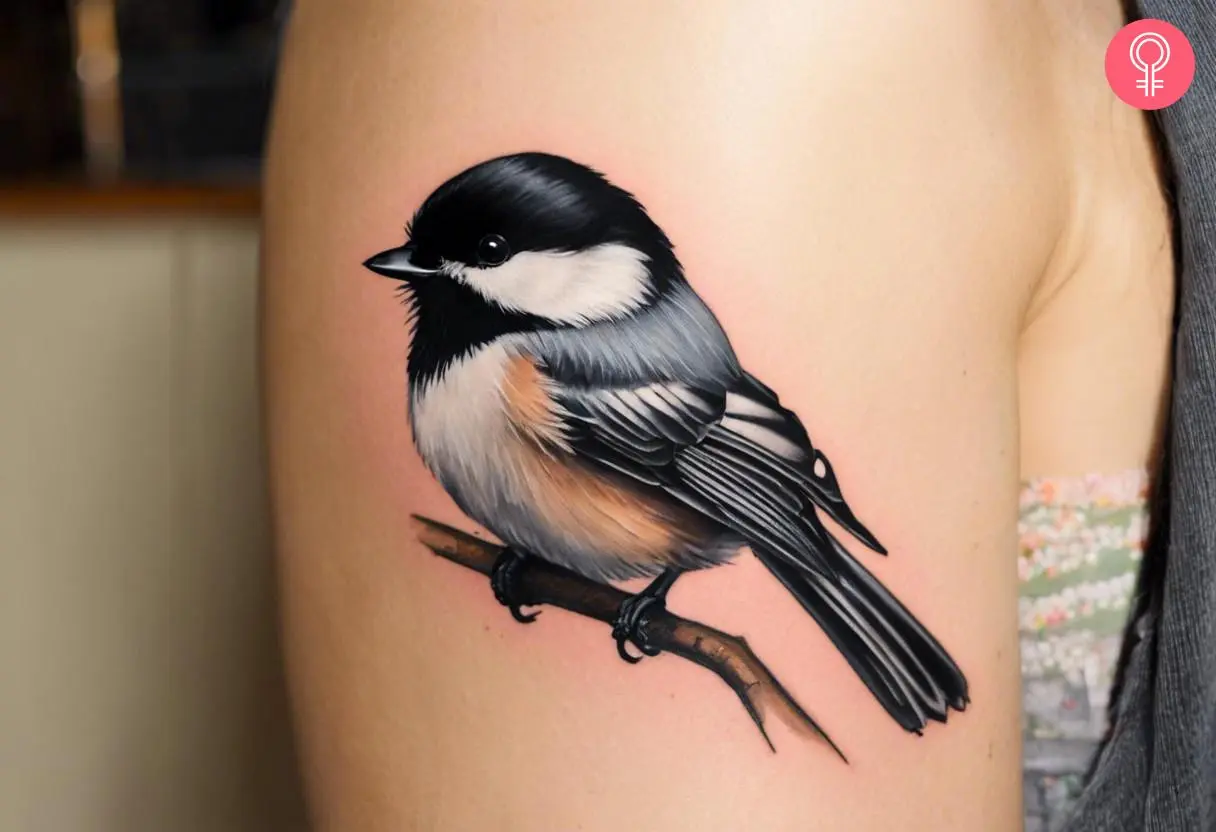 Realistic chickadee tattoo on the upper arm