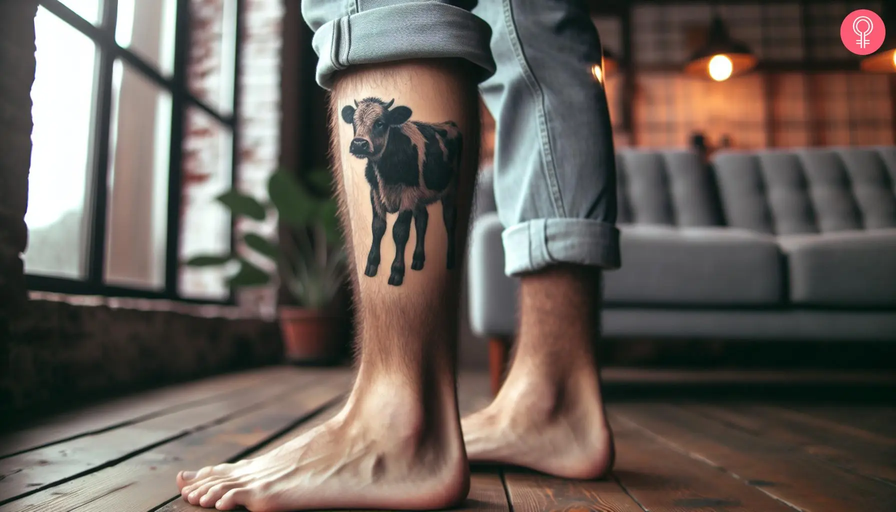 A realistic cow tattoo on the calf of a man