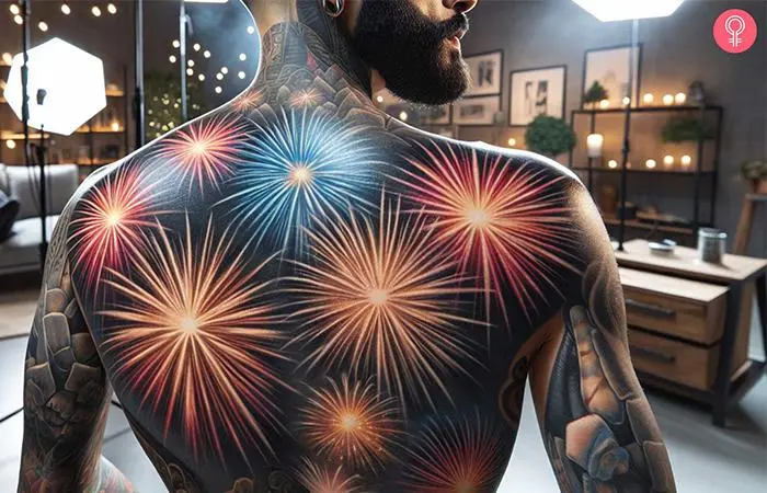 Realistic firework tattoo on the back of a man