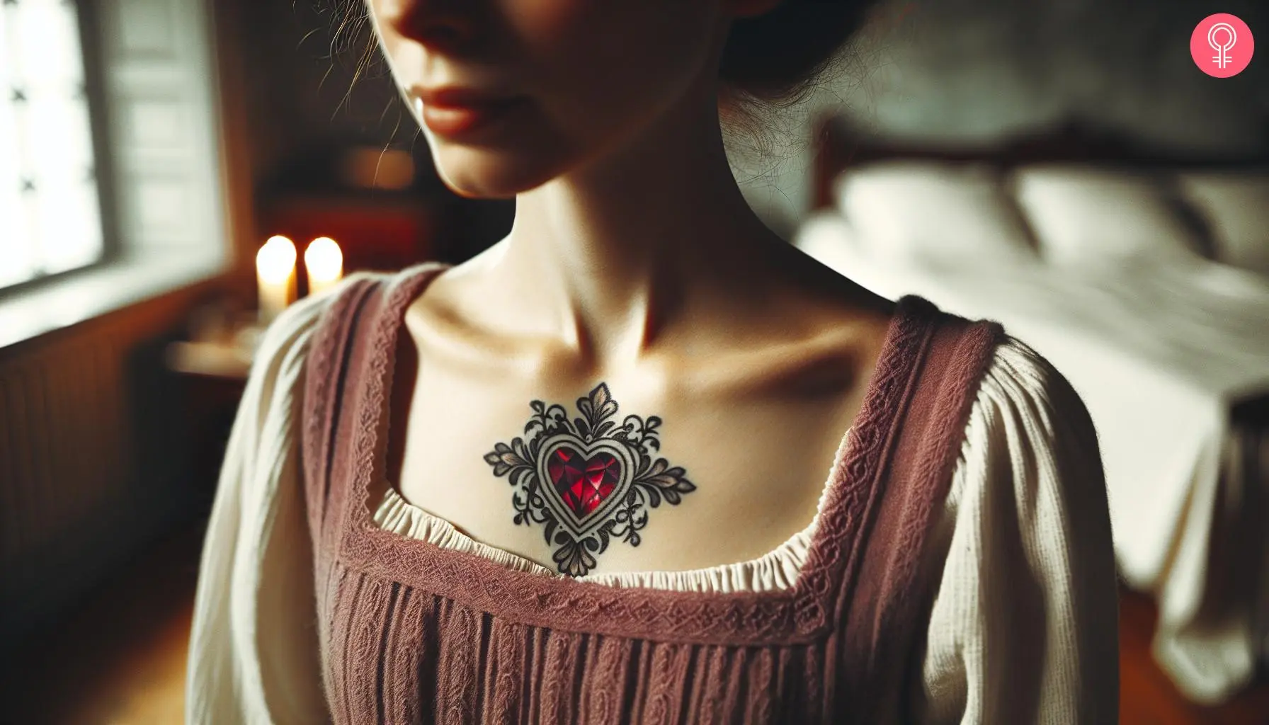 A woman with a realistic heart shaped ruby tattoo on the middle of the collarbones