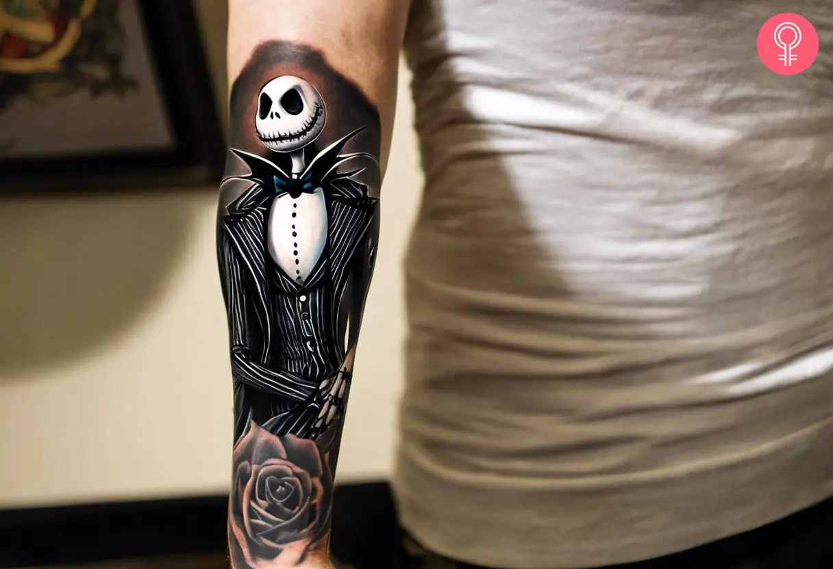 Realistic Jack Skellington tattoo on the forearm of a man