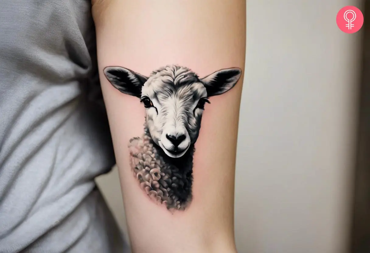 A woman with a realistic lamb tattoo on the upper arm