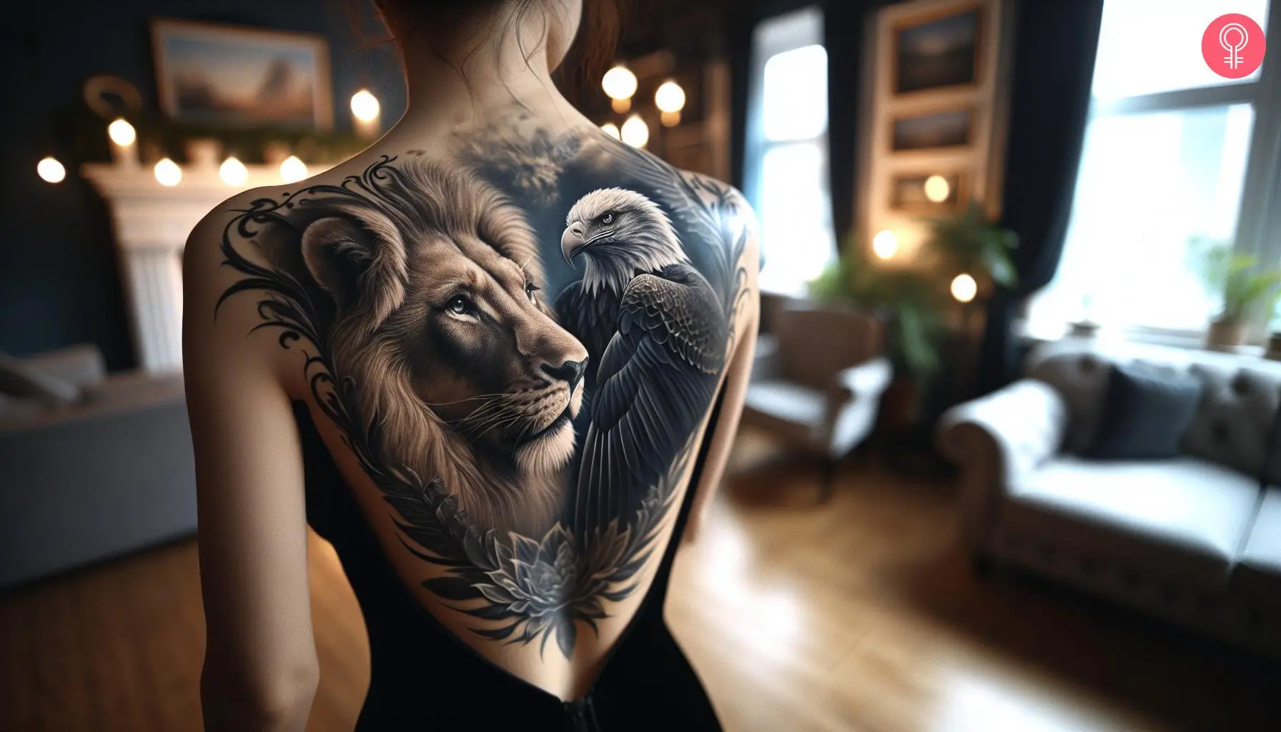 Realistic lion and eagle tattoo on the back of a woman