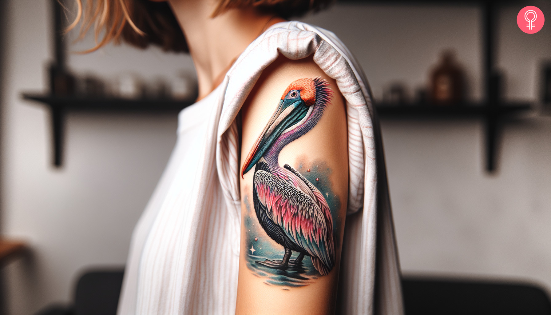 A realistic Pelican tattoo on the upper arm