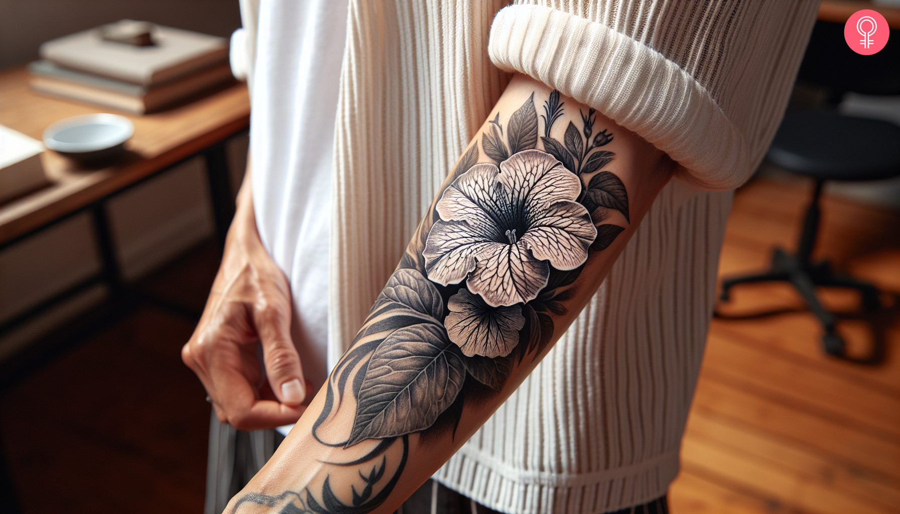  A dark and realistic lower arm petunia flower tattoo