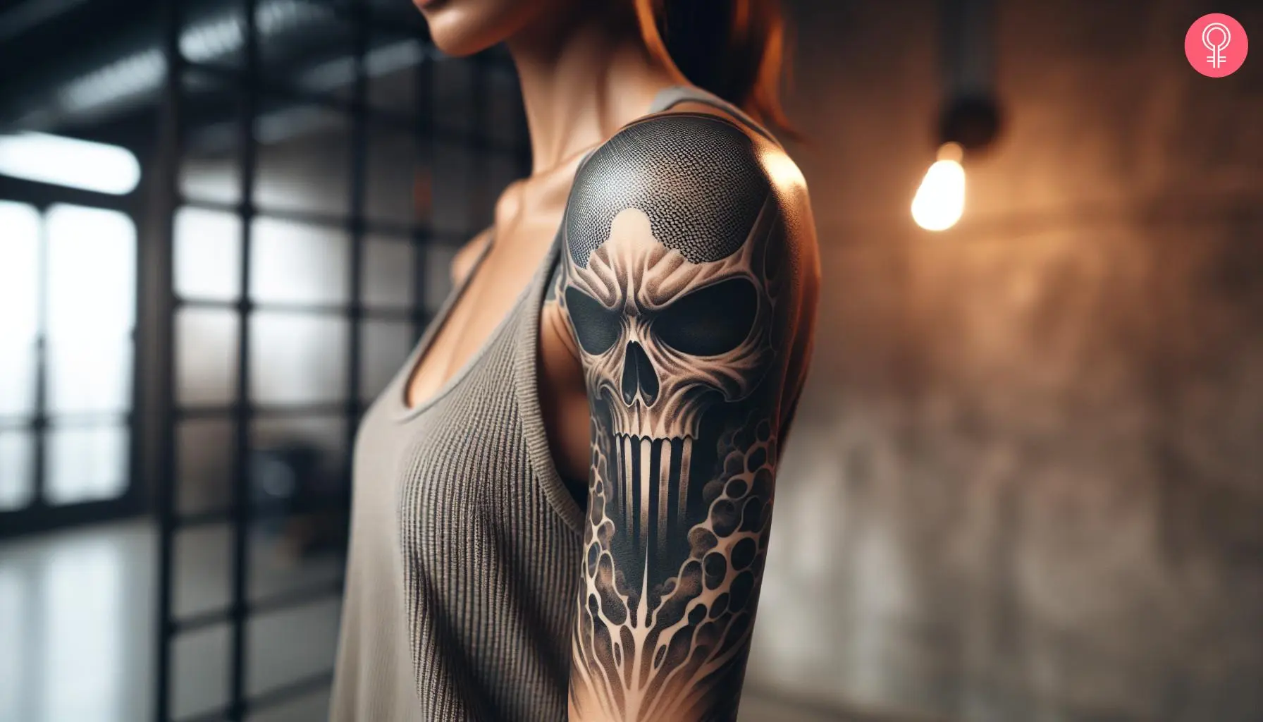 Realistic Punisher skull tattoo on the arm of a woman