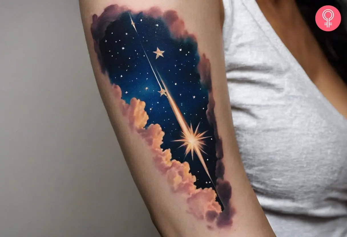 Woman with a realistic shooting star tattoo on her forearm