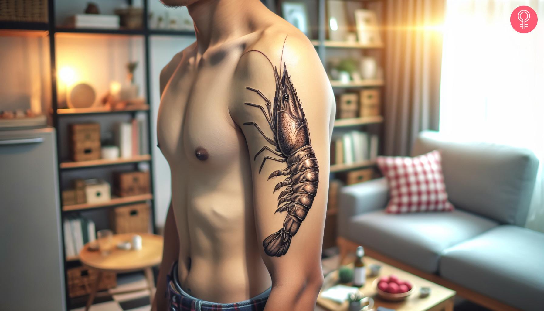 Realistic shrimp tattoo on a man's upper arm