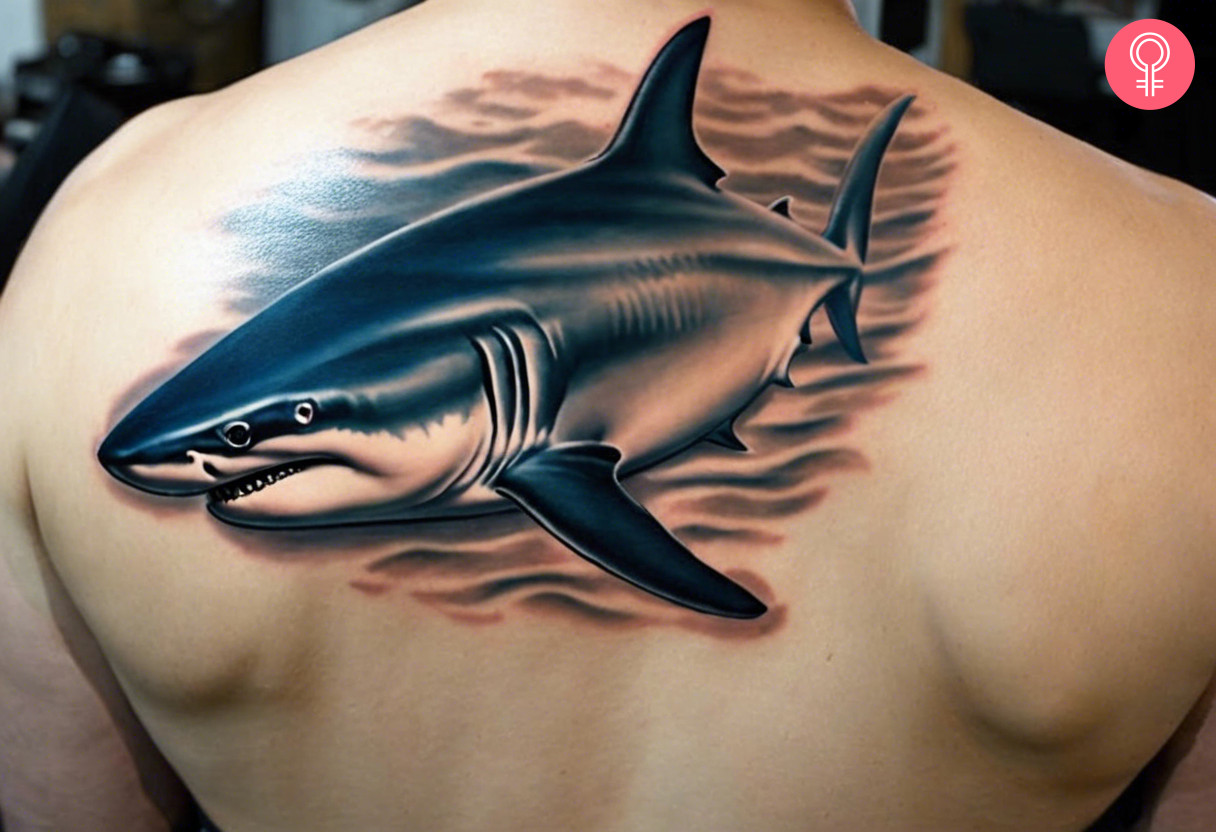 Realistic tiger shark tattoo on the back