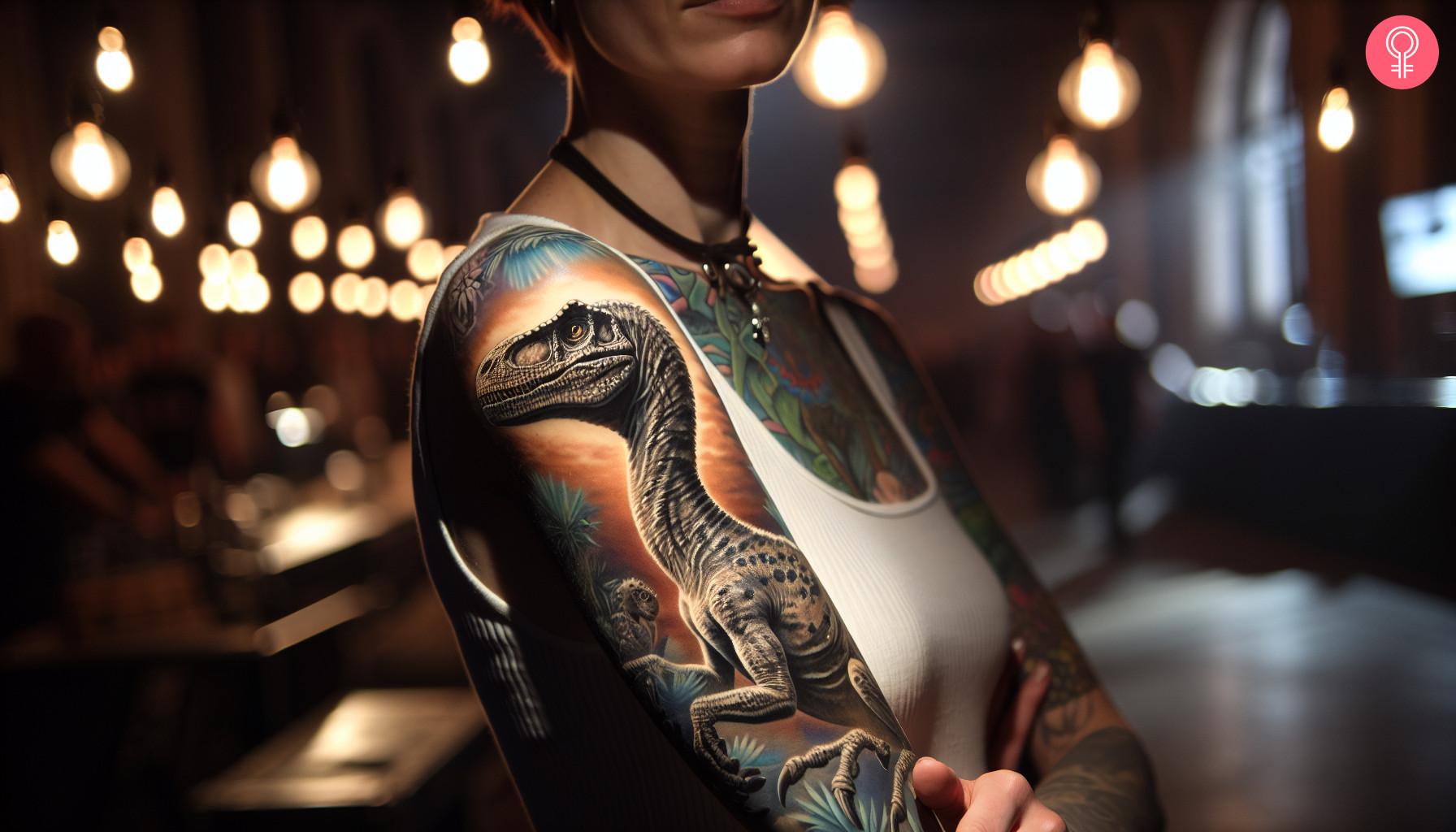 Realistic velociraptor tattoo on a woman's arm