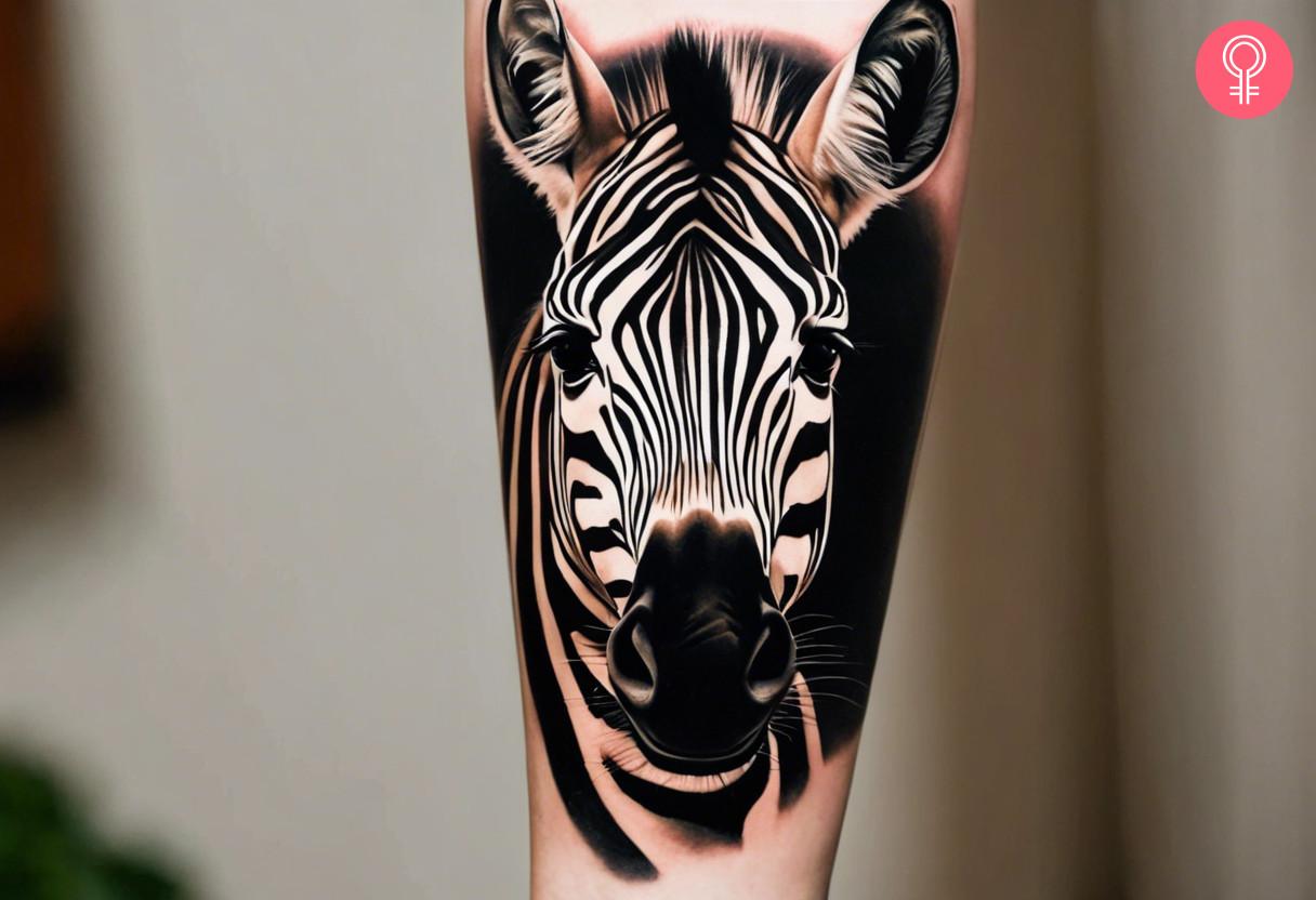 A realistic zebra tattoo design on the forearm