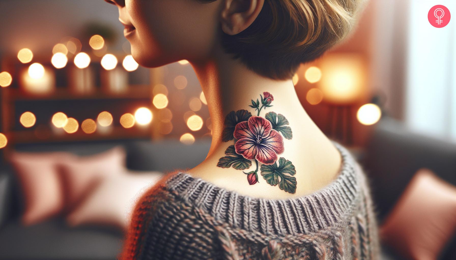 Realistic geranium tattoo on the back of the neck