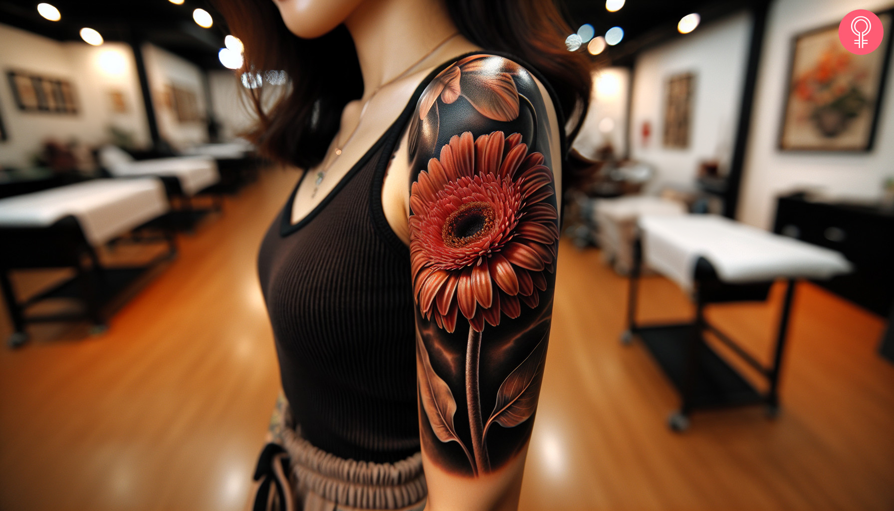 Realistic gerbera daisy tattoo on the arm of a woman