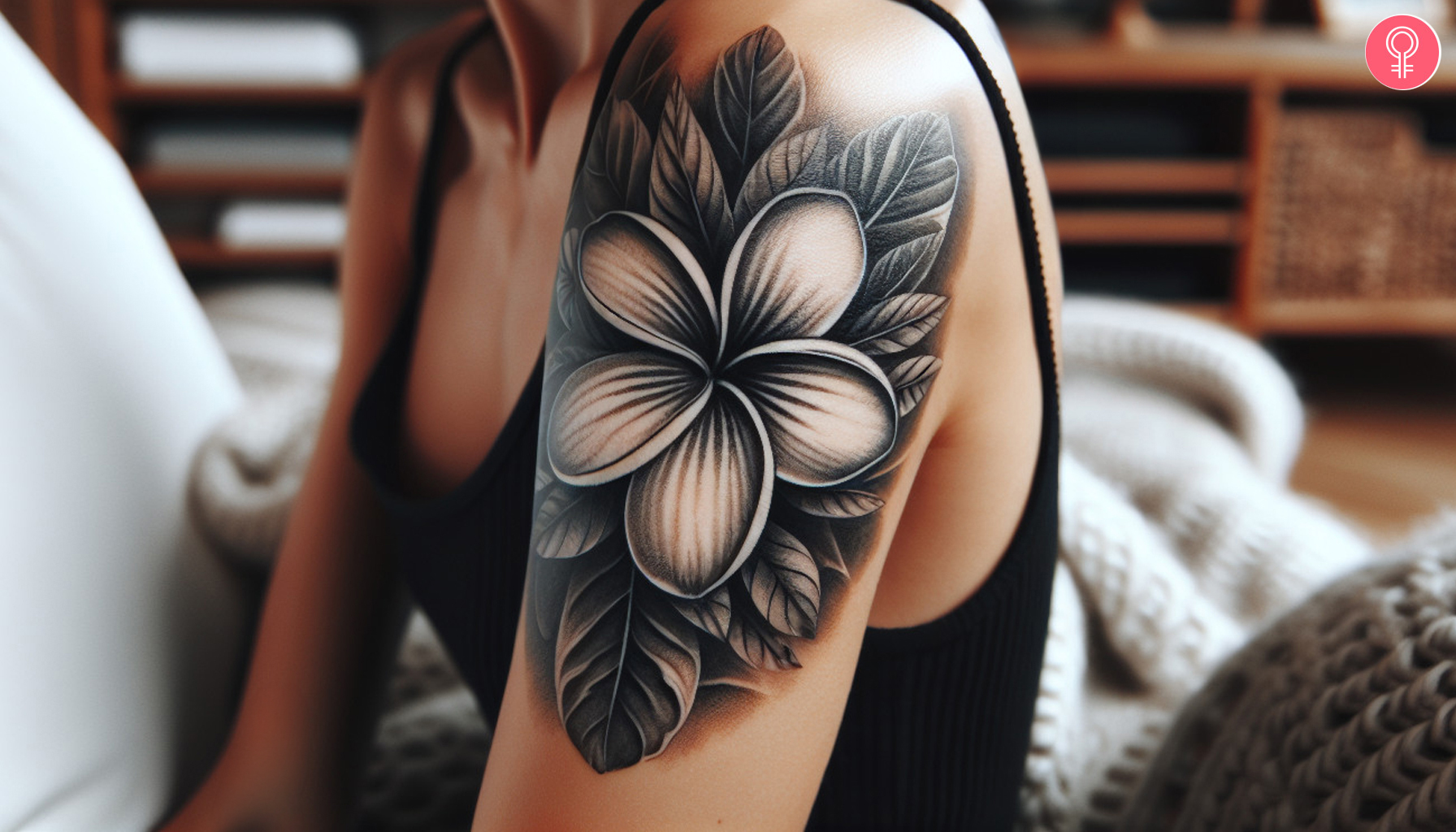 Realistic plumeria black and white tattoo on the upper arm