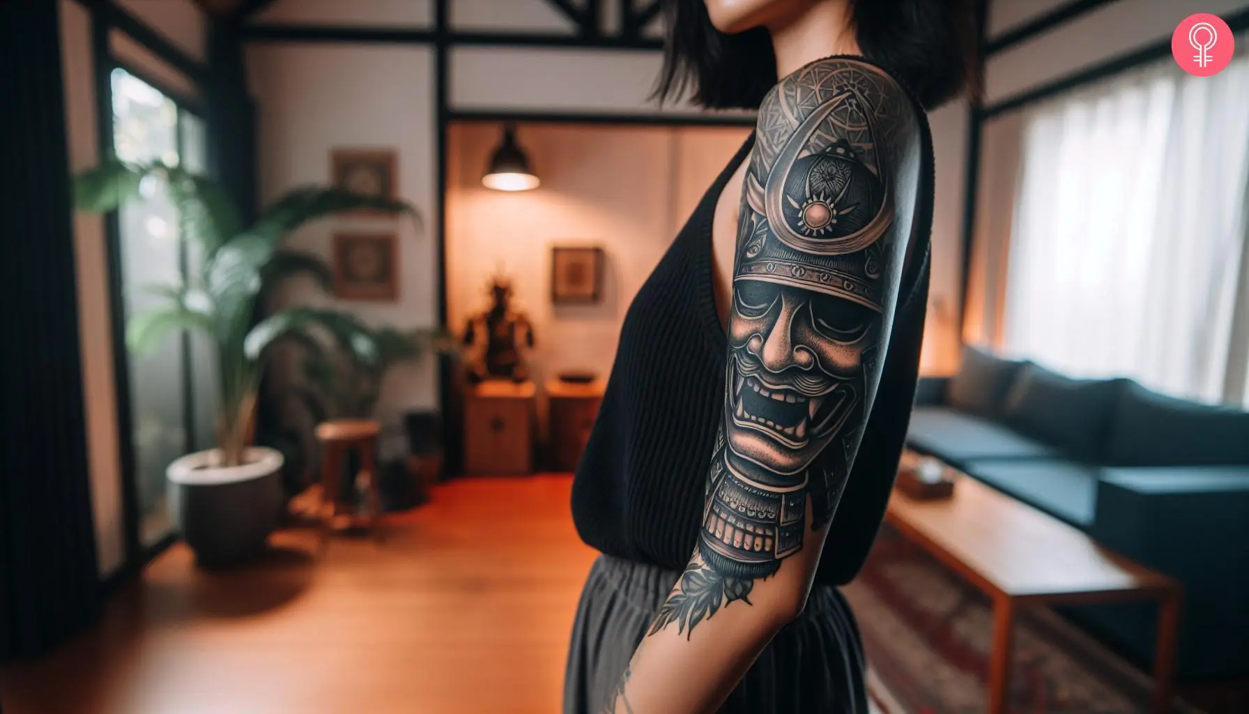 Realistic samurai mask tattoo on the arm of a woman