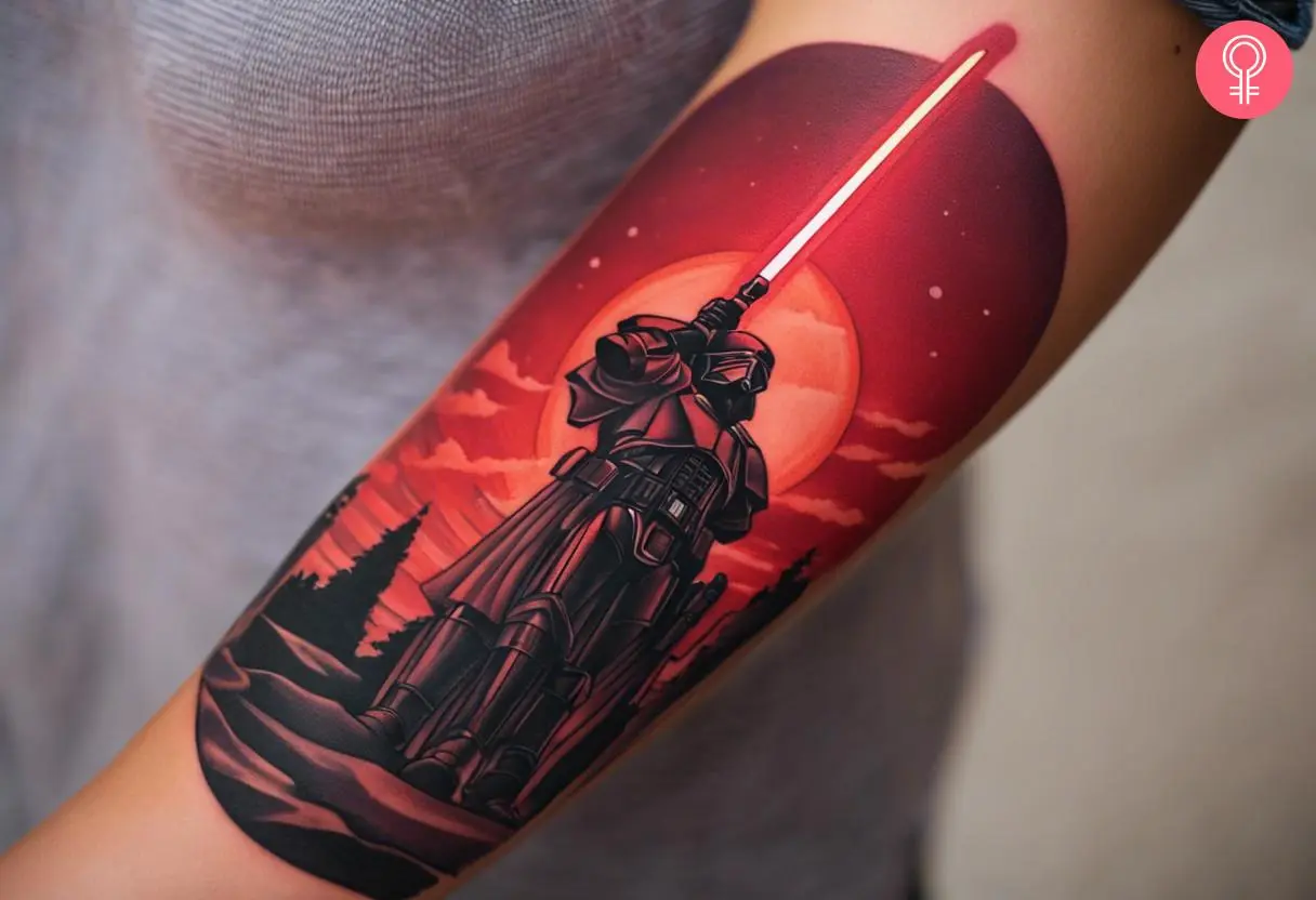 Red Lightsaber tattoo on a woman’s forearm