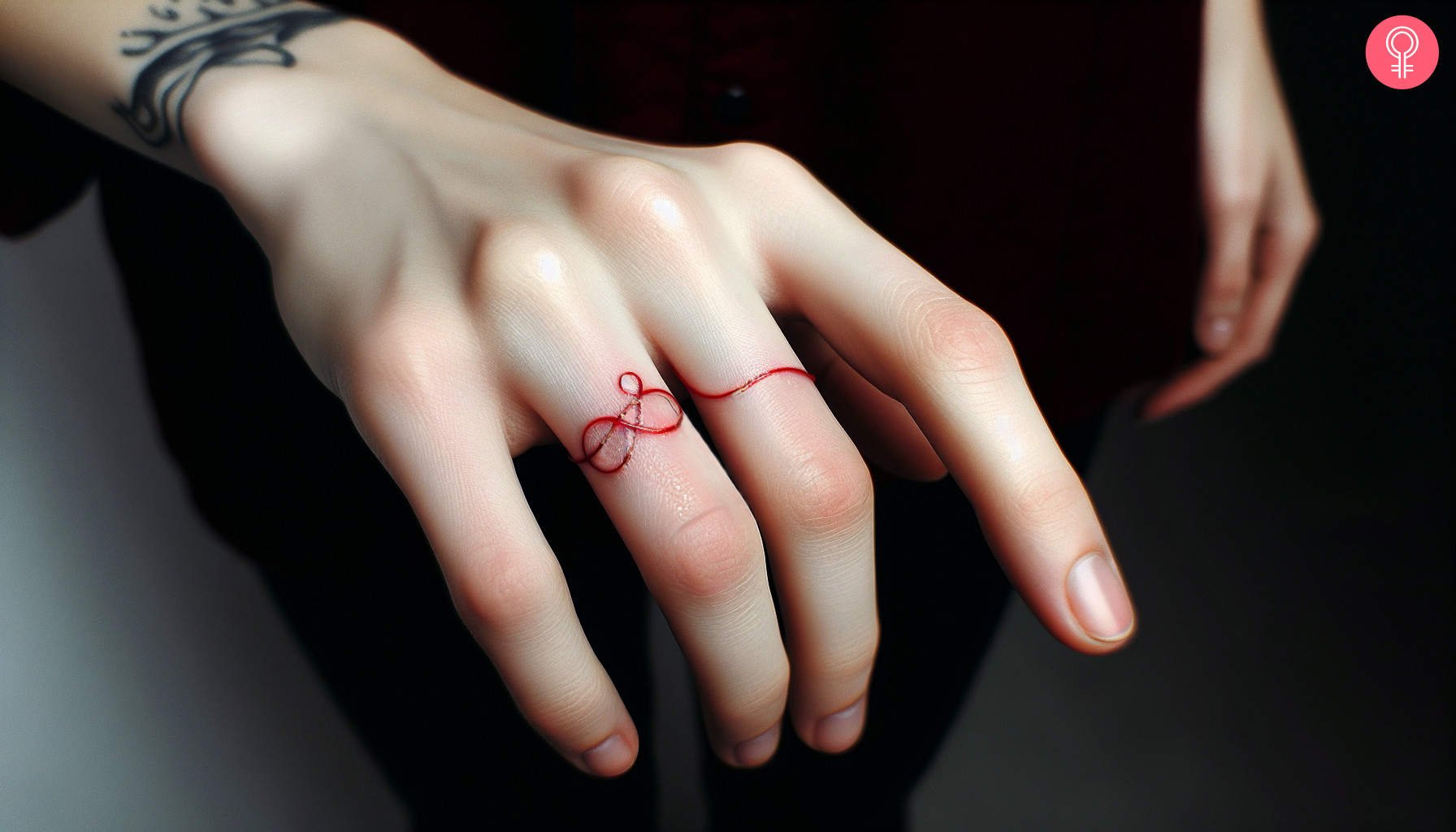 Woman with red string of fate tattoo on her finger