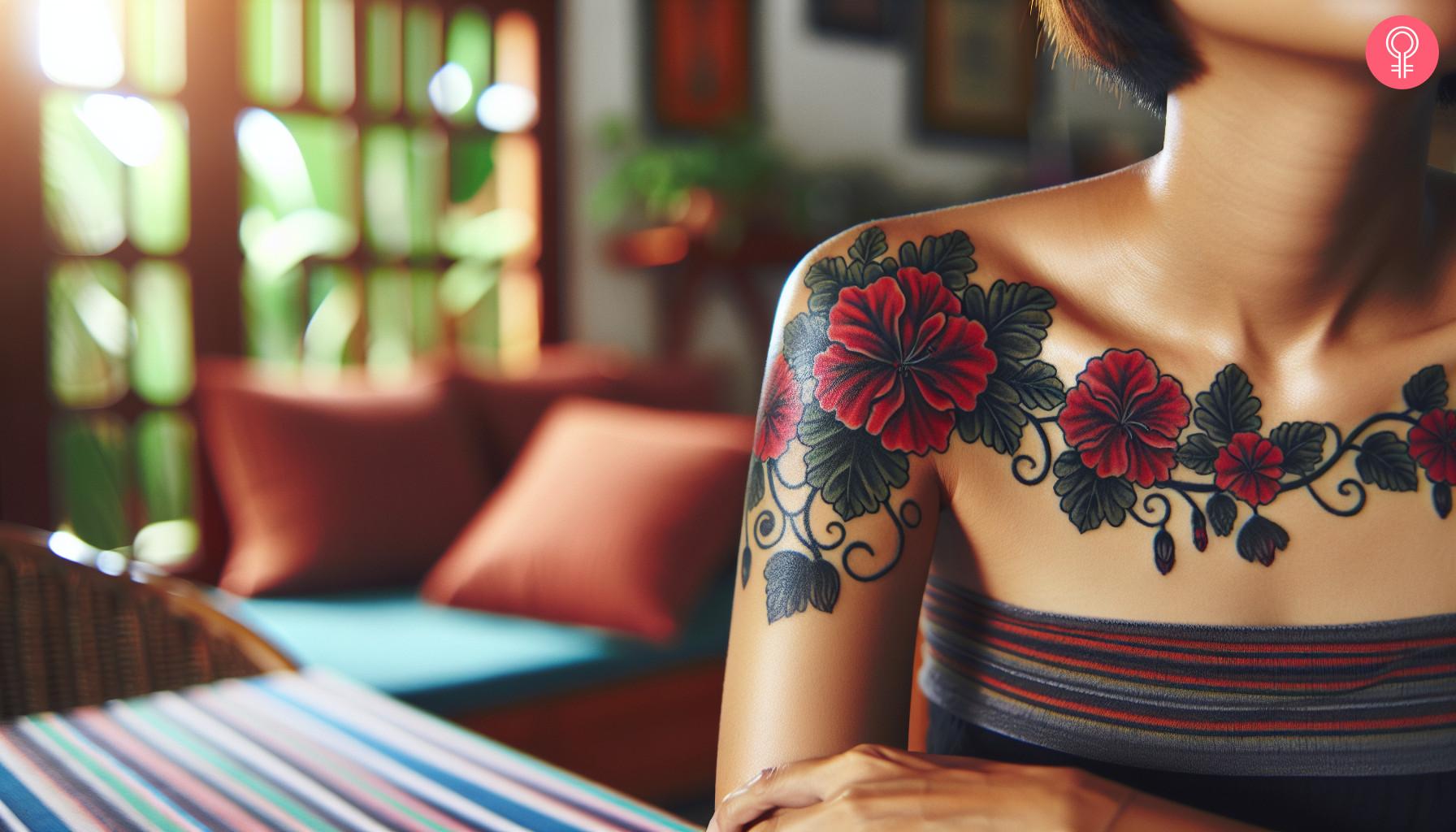 Red and black geranium tattoo on front shoulder