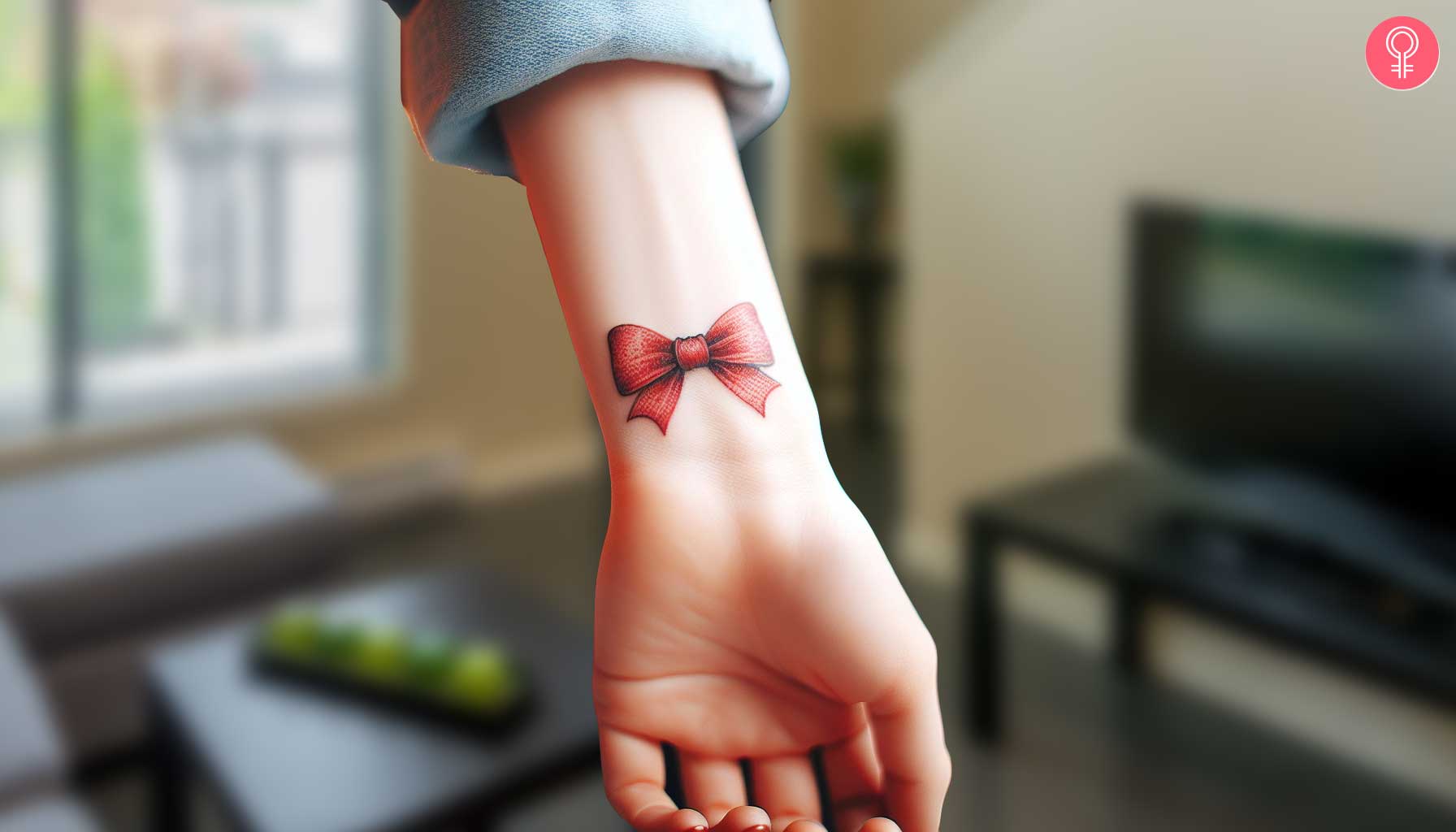 Red bow tattoo on the wrist of a woman