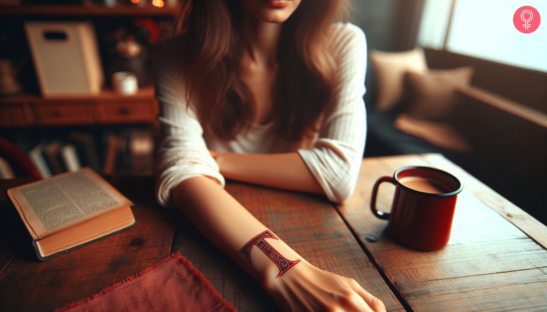 Red ink block letter ‘T’ tattoo on the wrist