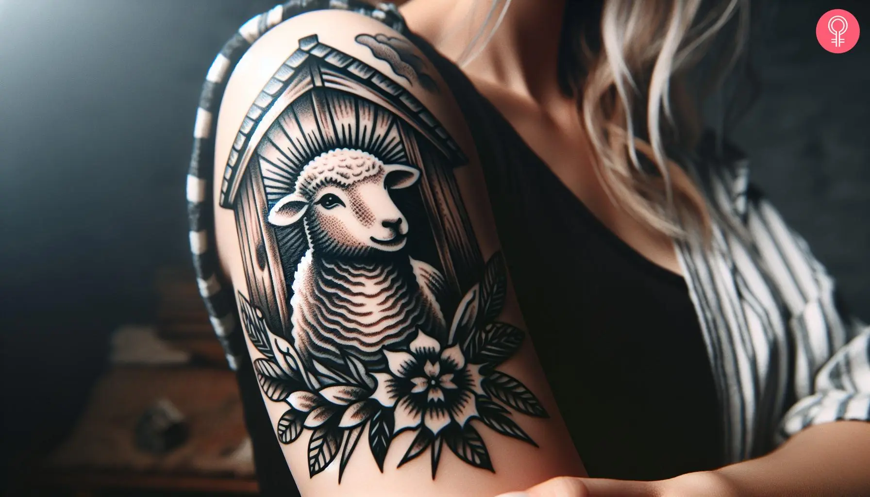 A woman with a religious lamb tattoo on her upper arm