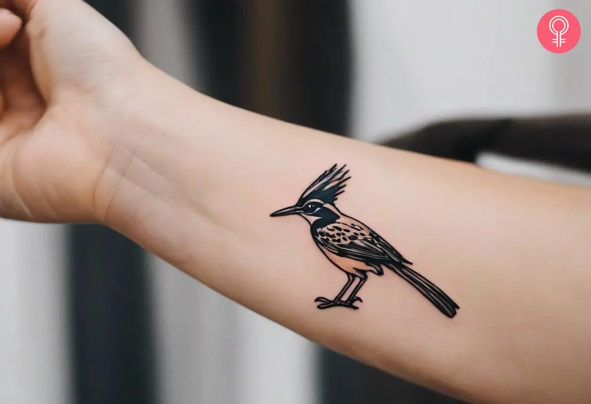 A woman wearing a roadrunner bird tattoo on the inner arm.