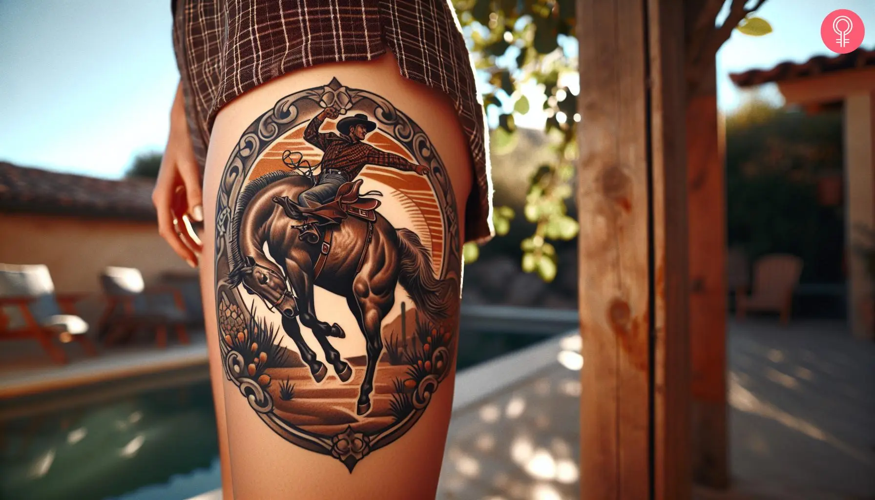 A woman with rodeo bucking horse tattoo on her thigh