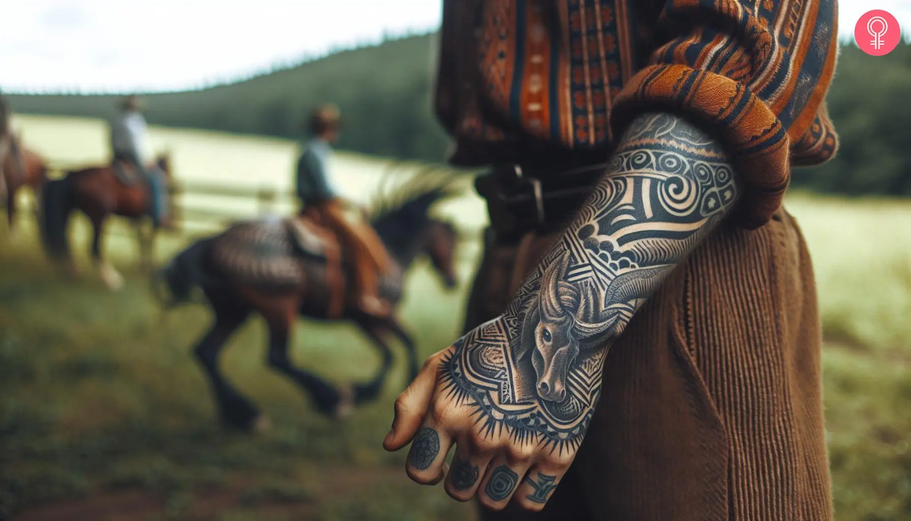 A woman with rodeo bull tattoo on her lower arm