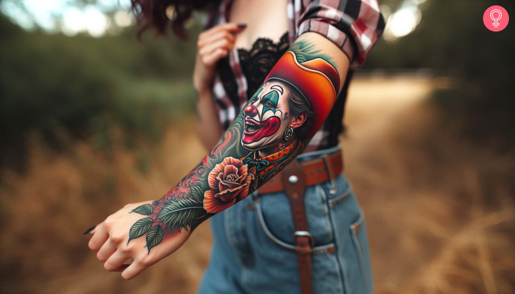 A woman with rodeo clown tattoo on her lower arm