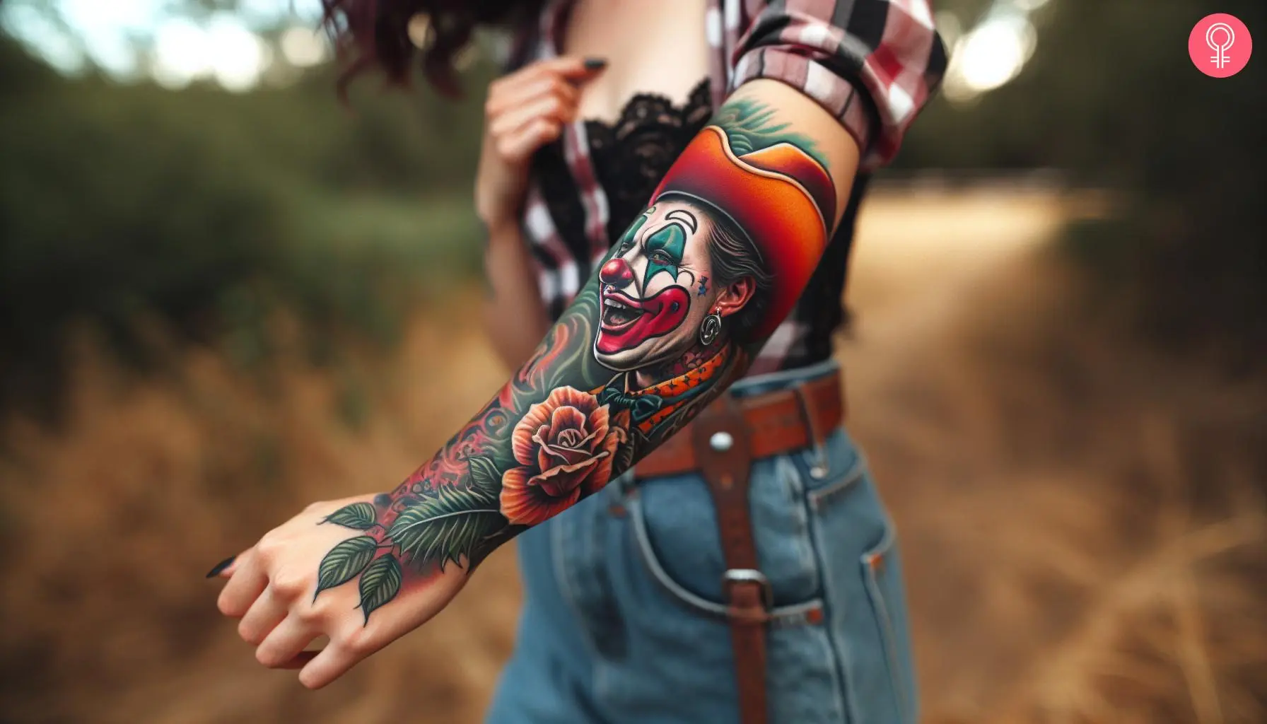 A woman with rodeo clown tattoo on her lower arm