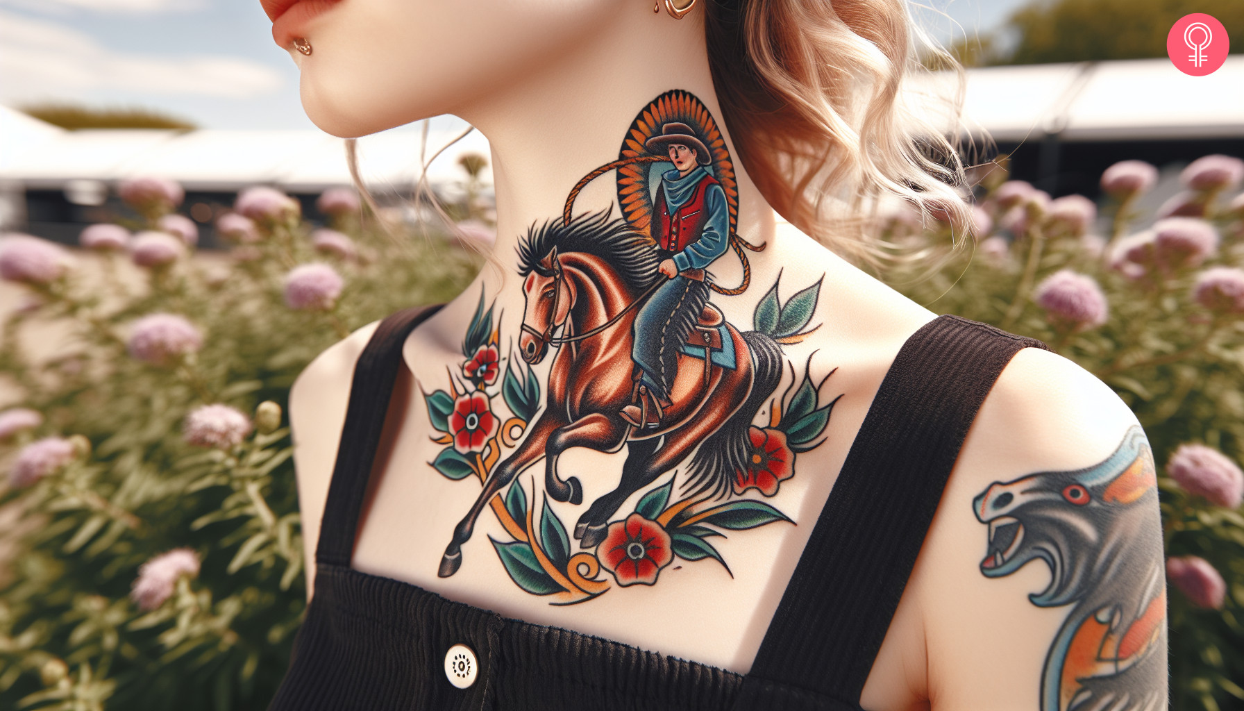 A woman with rodeo tattoo on her neck